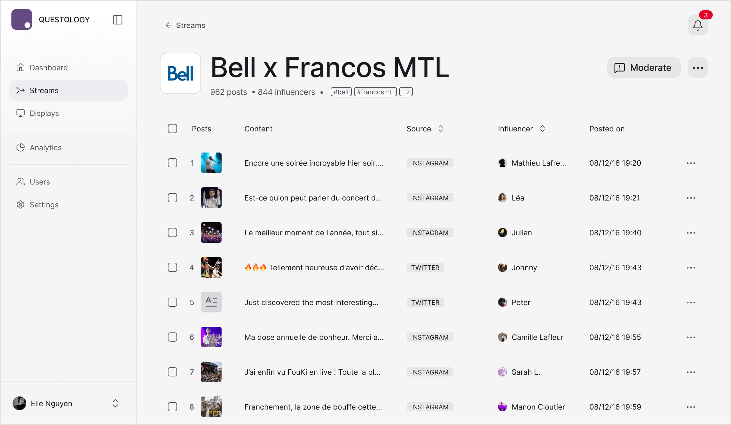 Questology dashboard showing a Bell x Francos MTL UGC stream with 962 posts, 844 influencers, and a moderation queue for Instagram and Twitter content.